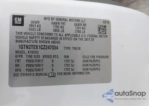 2012 GMC Sierra 1500 Work Truck z USA, uszkodzony, nr VIN 1GTN2TEX1CZ247034